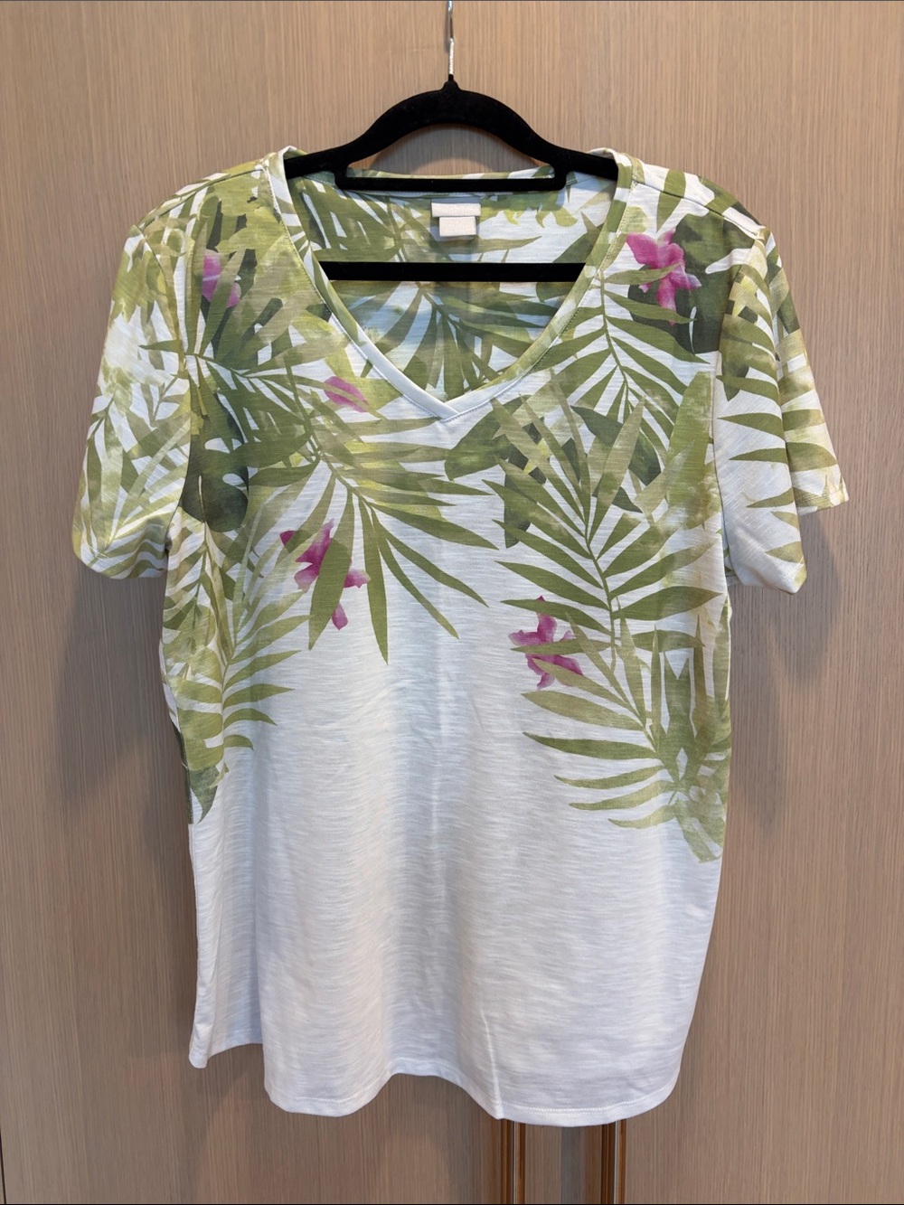 Chico's White V-Neck Tee with Green Tropical Leaf & Pink Floral Accents